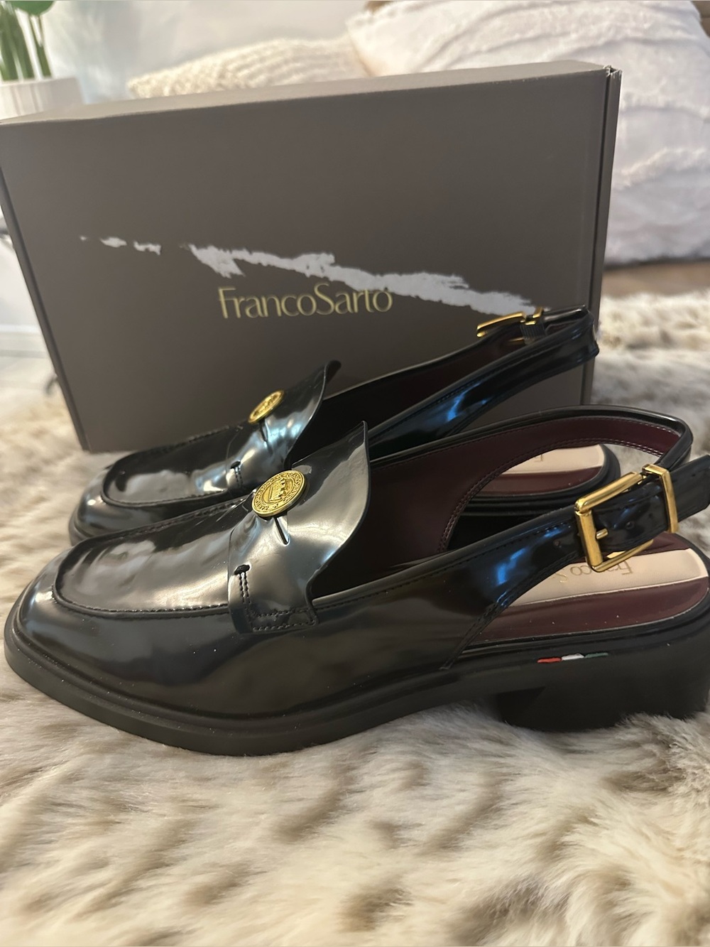 Franco Sarto Black Patent Leather Slingback Loafers with Gold Accent